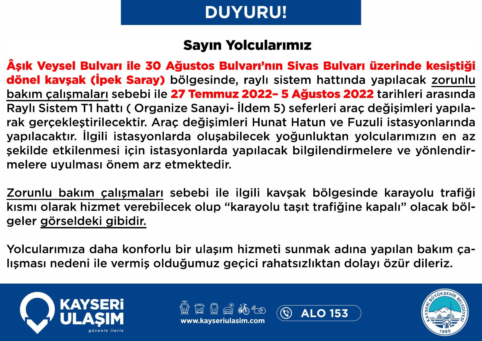 Kayseri Ulaşım A.Ş.’den Önemli Duyuru