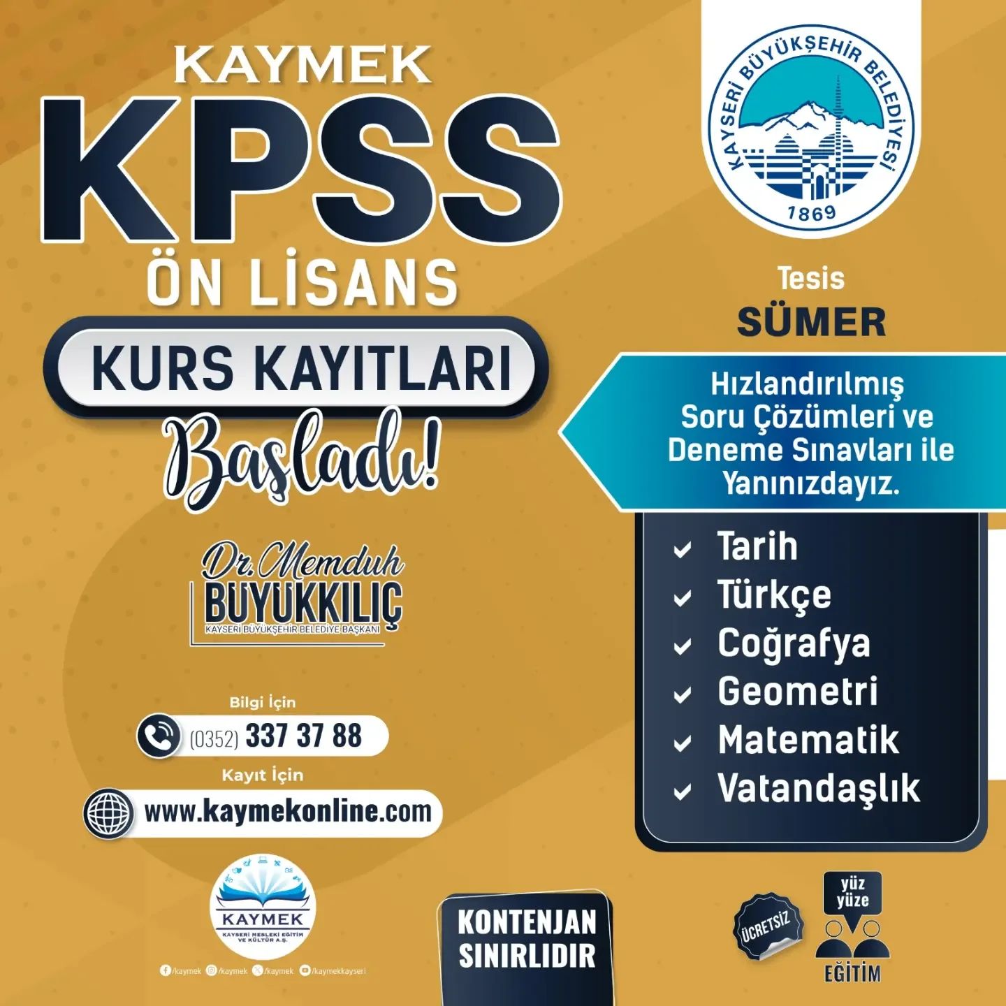 Kayseri Büyükşehir Belediyesi’nin KPSS İçin Kurs Kayıtları Sürüyor