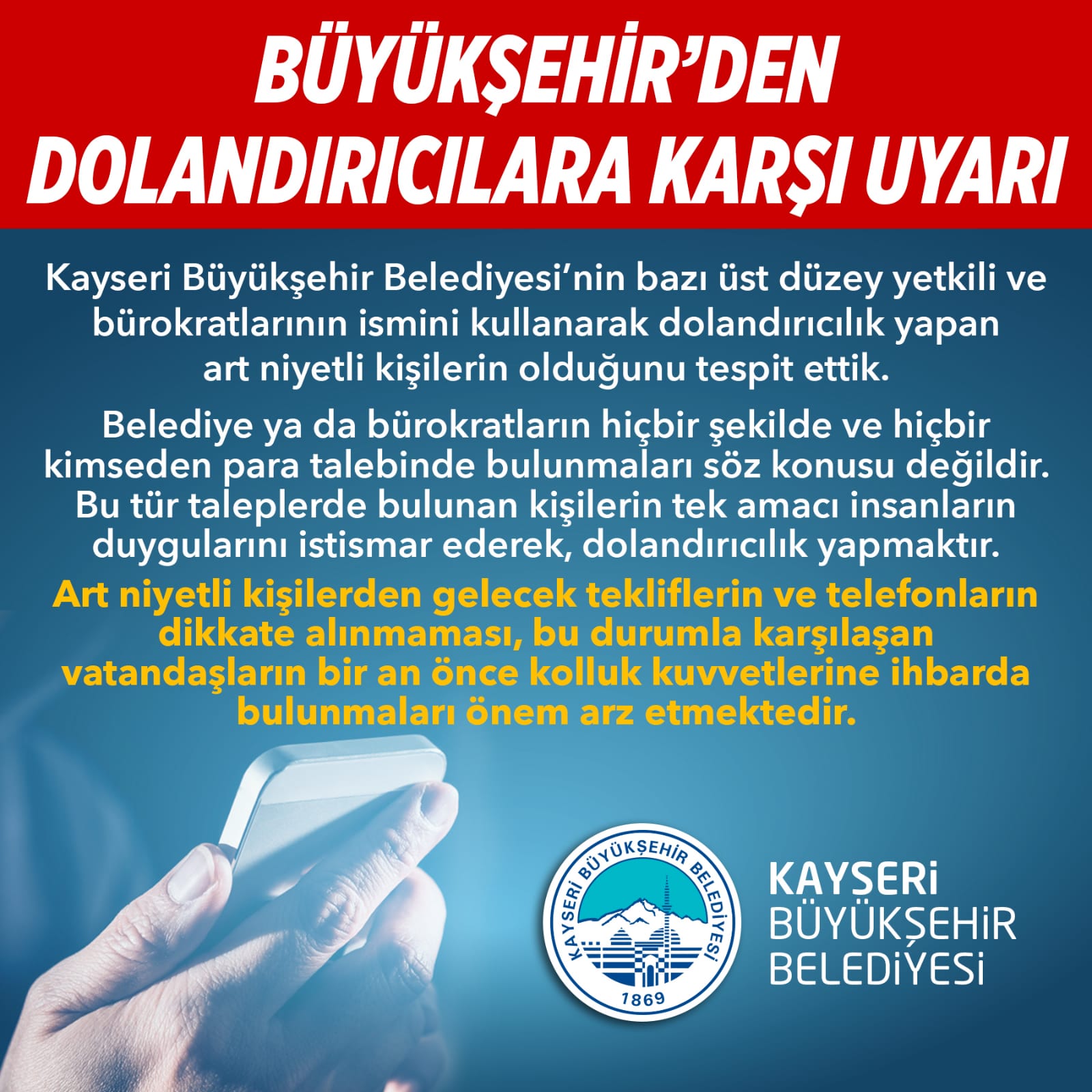 Büyükşehir’den “Dolandırıcılık” Uyarısı