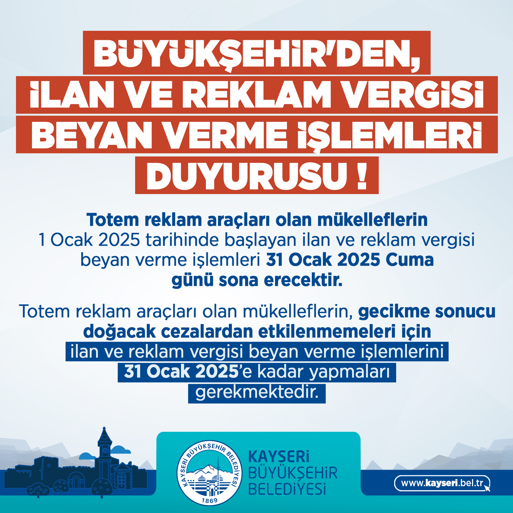 Büyükşehir'den, İlan ve Reklam Vergisi Beyan Verme İşlemleri Duyurusu