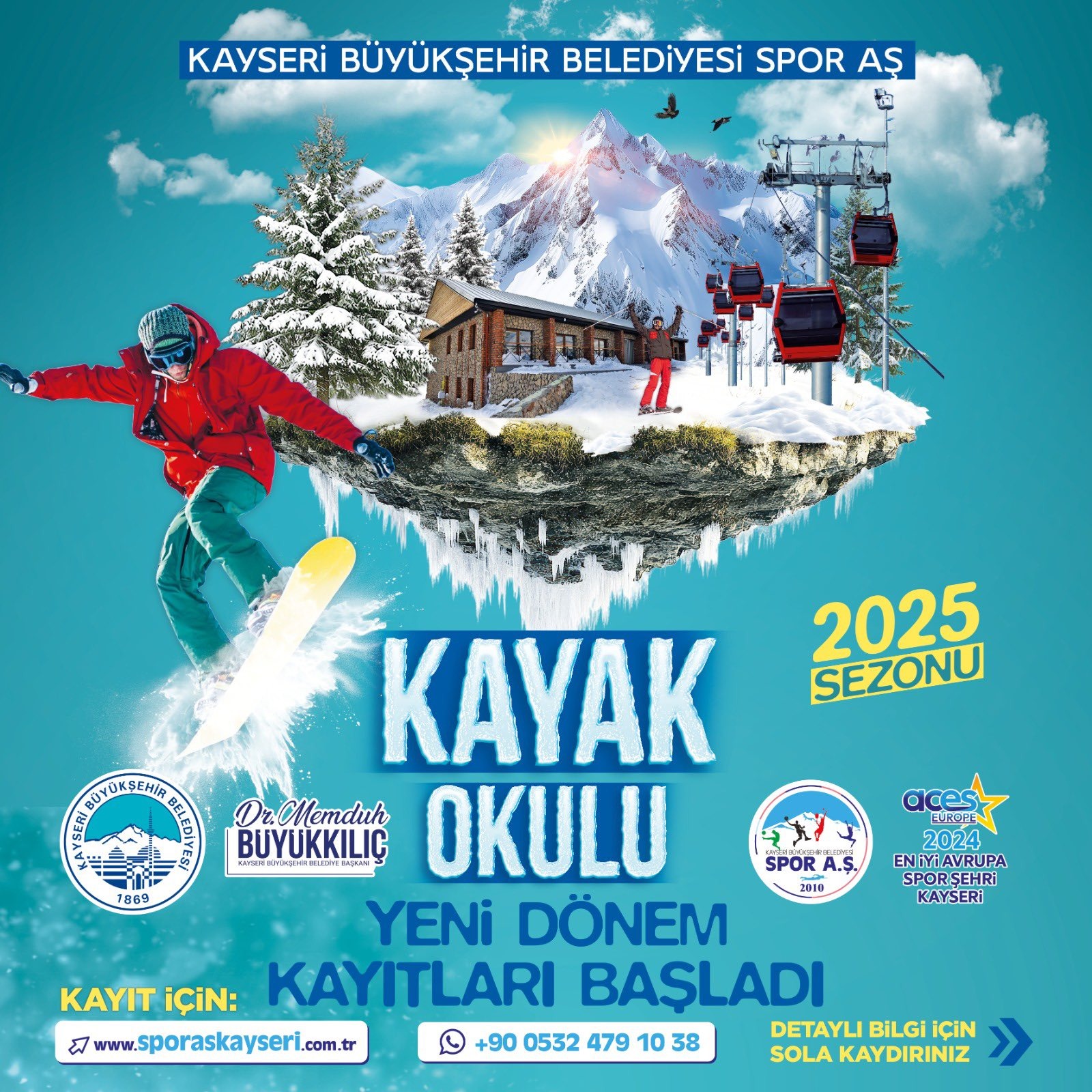 Büyükşehir’in Erciyes Kayak Okulu’nda Kayak ve Snowboard Kursları Sürüyor