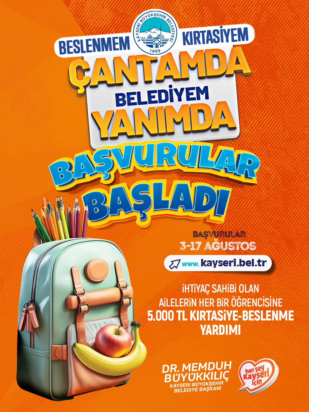 Kayseri Büyükşehir’in 5 Bin TL'lik Eğitim Desteği Başvuruları Başladı